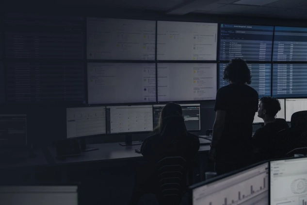 Mitarbeiter vor Monitorwand im SOC