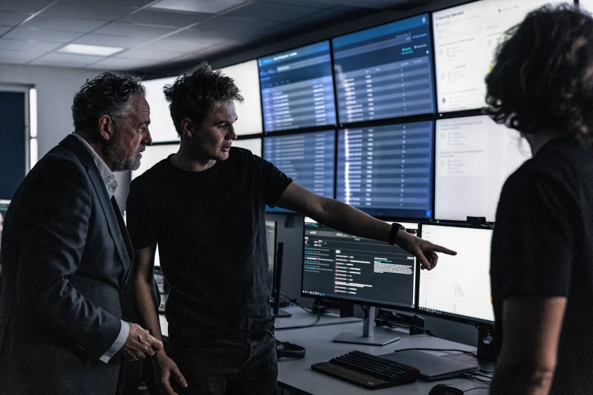 Mann zeigt auf Monitor